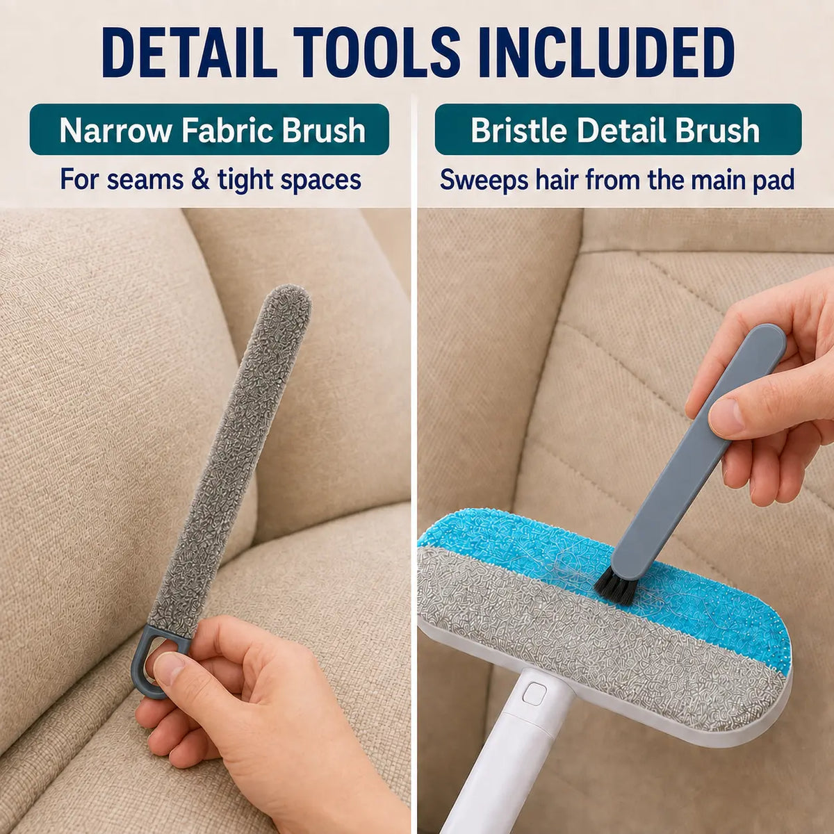 4-in-1 Reusable Pet Hair Removal Brush with Extended Handle and Detail Brushes for Upholstery, Carpets, Bedding, and Automotive Fabrics