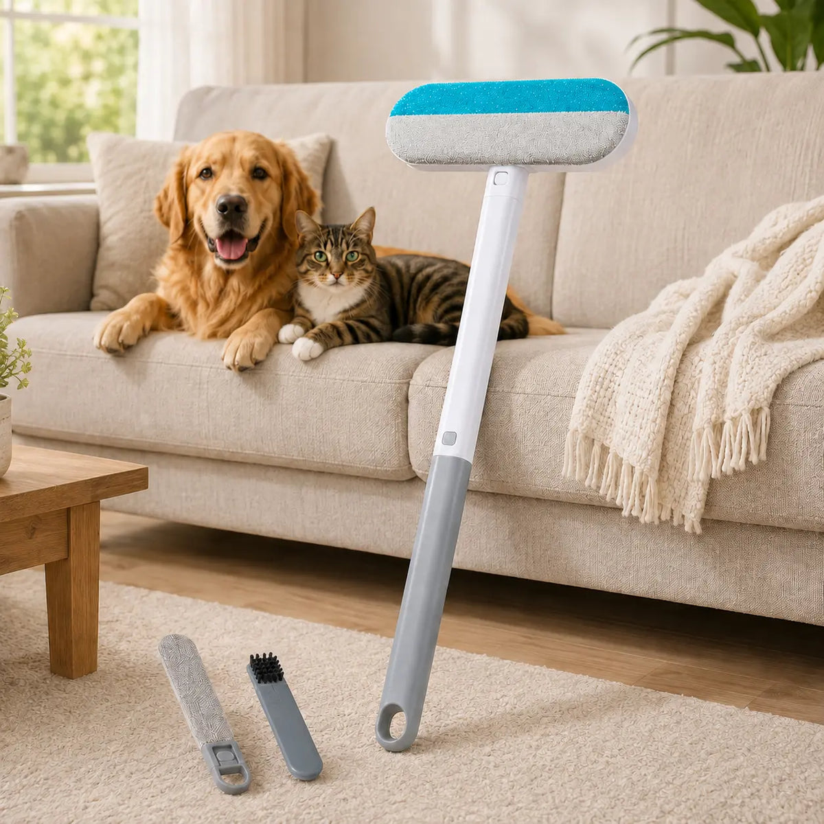 4-in-1 Reusable Pet Hair Removal Brush with Extended Handle and Detail Brushes for Upholstery, Carpets, Bedding, and Automotive Fabrics