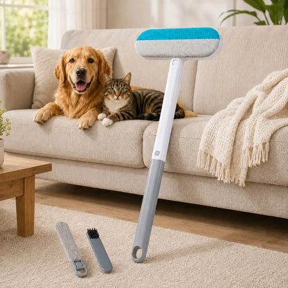 4-in-1 Reusable Pet Hair Removal Brush with Extended Handle and Detail Brushes for Upholstery, Carpets, Bedding, and Automotive Fabrics