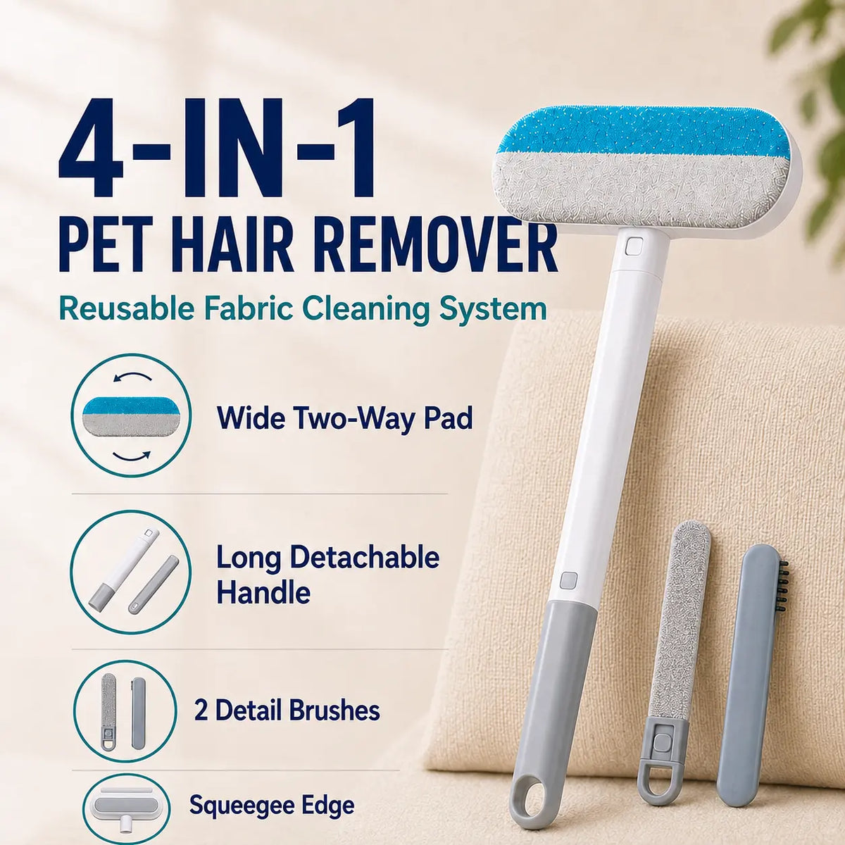4-in-1 Reusable Pet Hair Removal Brush with Extended Handle and Detail Brushes for Upholstery, Carpets, Bedding, and Automotive Fabrics