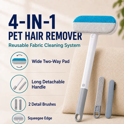 4-in-1 Reusable Pet Hair Removal Brush with Extended Handle and Detail Brushes for Upholstery, Carpets, Bedding, and Automotive Fabrics