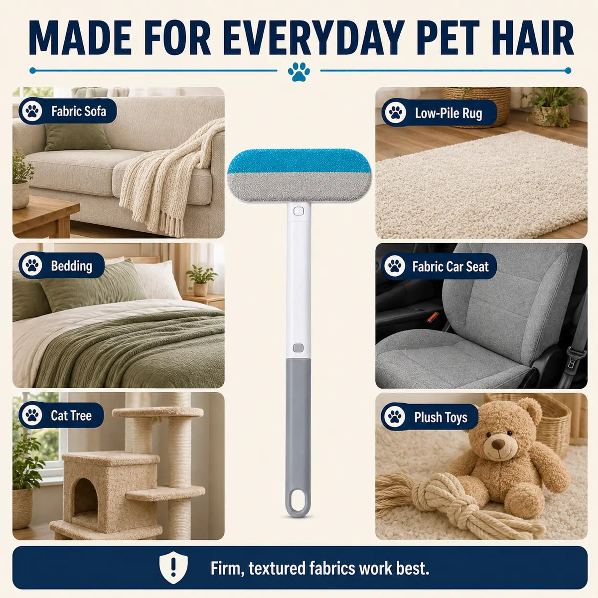 4-in-1 Reusable Pet Hair Removal Brush with Extended Handle and Detail Brushes for Upholstery, Carpets, Bedding, and Automotive Fabrics