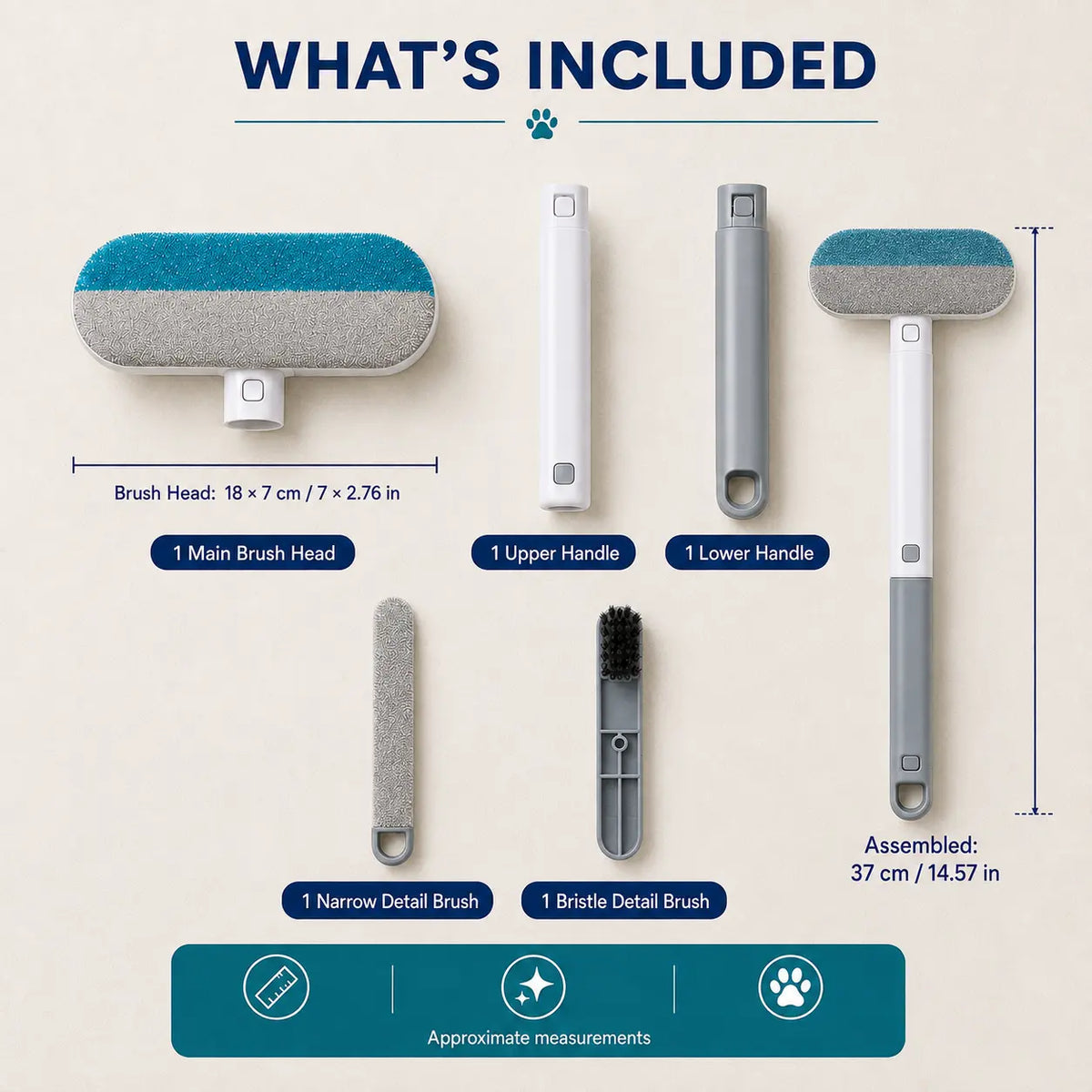 4-in-1 Reusable Pet Hair Removal Brush with Extended Handle and Detail Brushes for Upholstery, Carpets, Bedding, and Automotive Fabrics